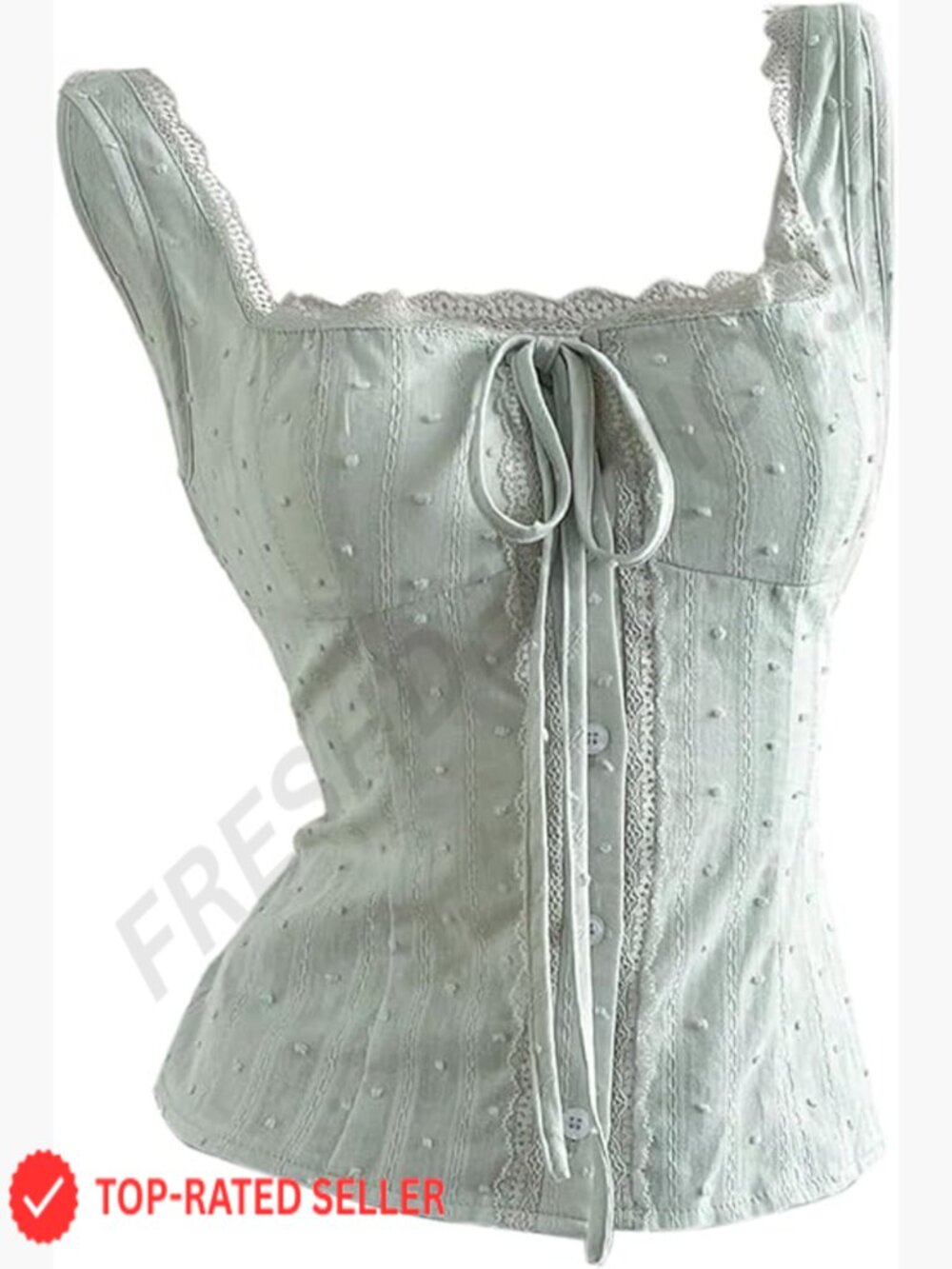 Women's Square Neck Tank Top Lace Bow Tie Button Front Cute Layering Top